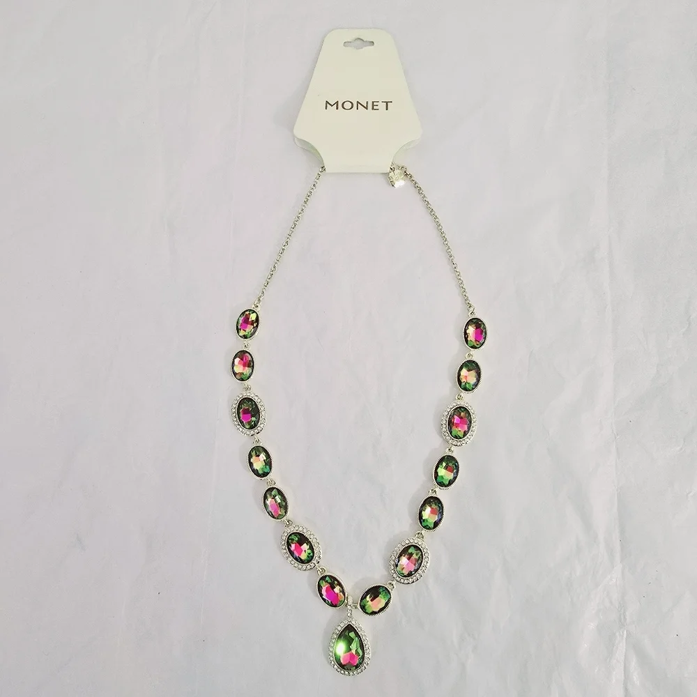 Monet Colorful Rainbow Stones Statement Necklace rainbow pink green yellow NWT - Picture 4 of 10